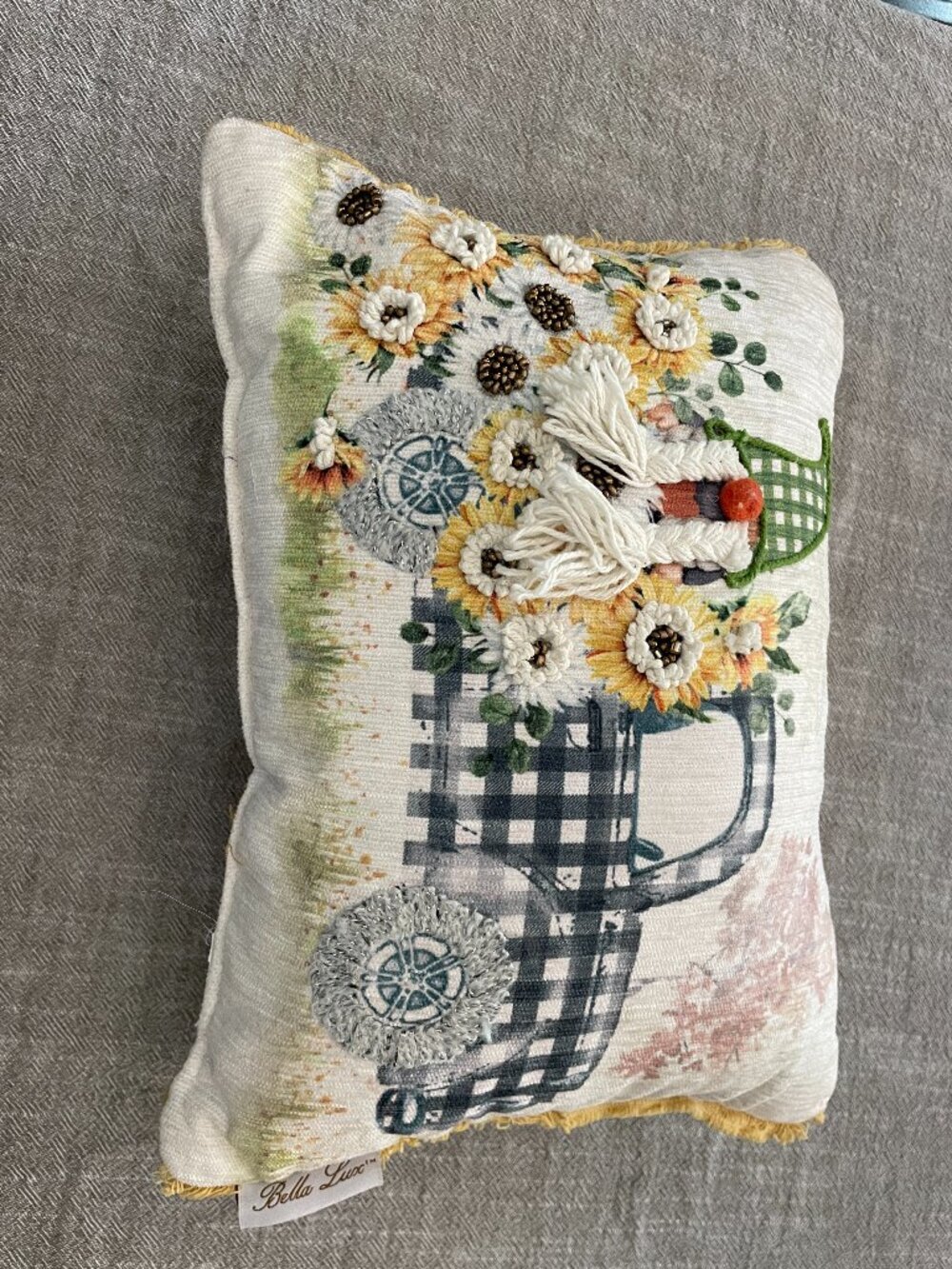 Bella Lux Decorative Throw Pillow Gnome Truck Sunflowers 12" x 9" Beaded